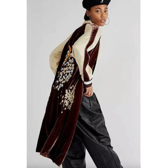 Free People Burgundy and Cream Embroidered Coat - Picture 2 of 14